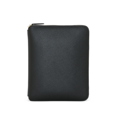Smythson A5 Writing Folder With Zip In Panama In Black