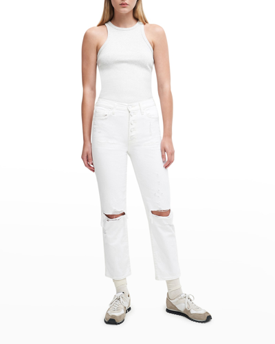 Shop 7 For All Mankind High-waist Cropped Straight Jeans W/ Destroy In Royce Blanc