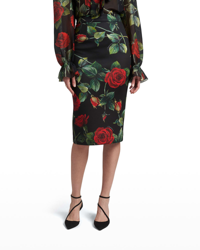 Shop Dolce & Gabbana Neoprene Rose-print Pencil Skirt In Rose Fdo Nero