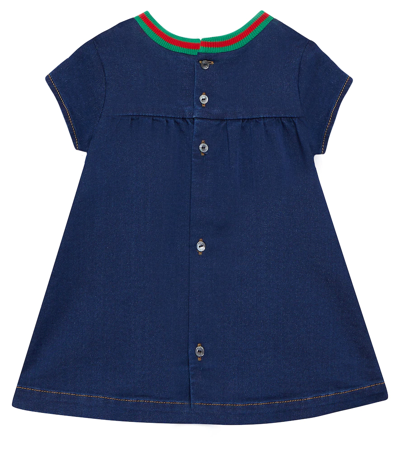 Shop Gucci Baby Logo Embroidered Denim Dress In Blue/multicolor