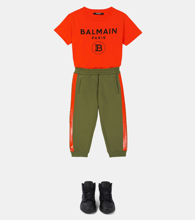 Balmain Teen Side Logo Stripe Track Pants In Verde/arancio