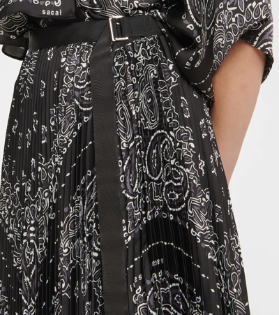 Shop Sacai Printed Satin Pleated Midi Skirt In Black
