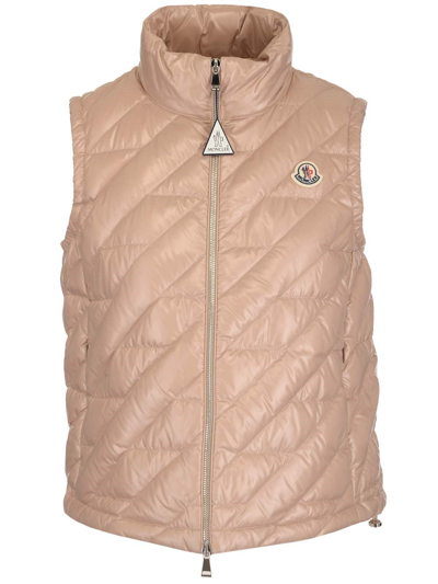 Shop Moncler Diagonal Quilted Puffer Vest In Beige