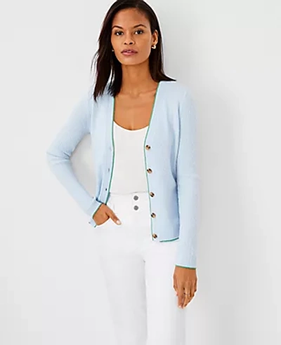 Shop Ann Taylor Tipped Mini Cable Cardigan In Arctic Sky