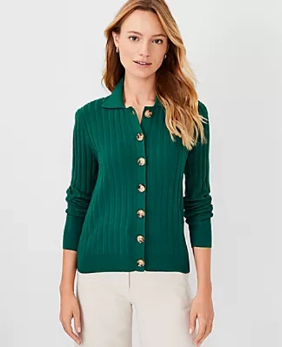 Shop Ann Taylor Collared Ribbed V-neck Cardigan In Forest Leaves