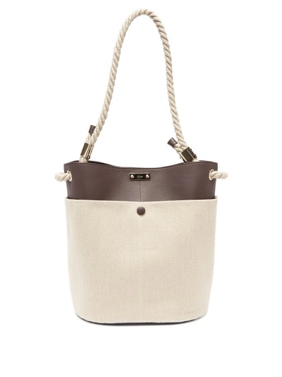 Chloé Logo-plaque Linen-twill And Leather Bucket Bag In Brown Beige |  ModeSens