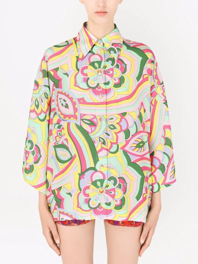 Dolce & Gabbana Abstract-print Silk Shirt In Blau