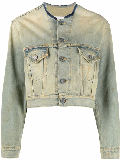 Shop Maison Margiela Worn Cropped Denim Jacket In Grün