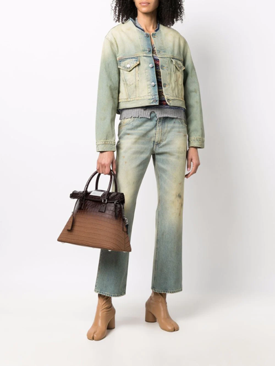 Shop Maison Margiela Worn Cropped Denim Jacket In Grün