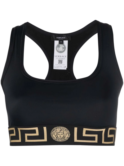Versace Black Sports Bra With Greca And Medusa Detail In Stretch Cotton