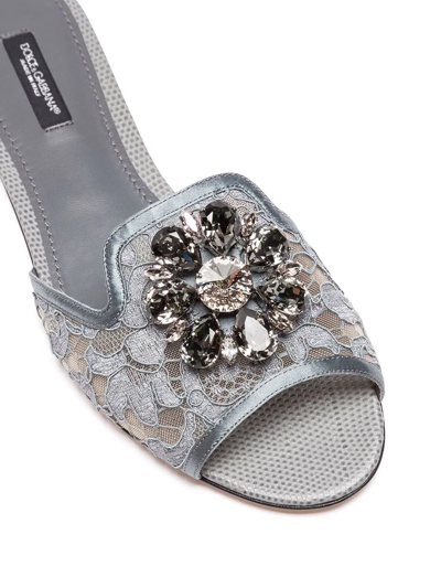 Dolce & Gabbana Lace Crystal Ornament Slide Sandals In Grey