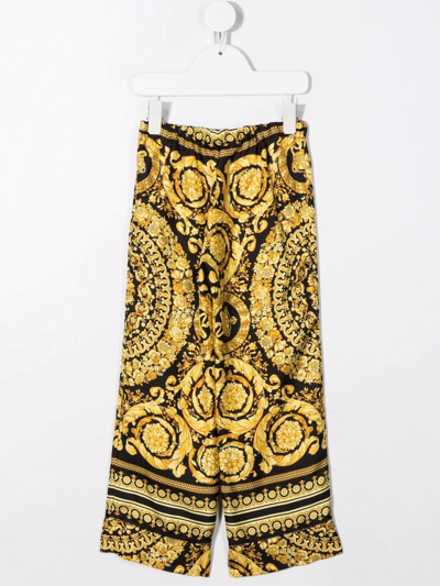 Versace Kids Black & Gold Silk Barocco Lounge Pants In Black