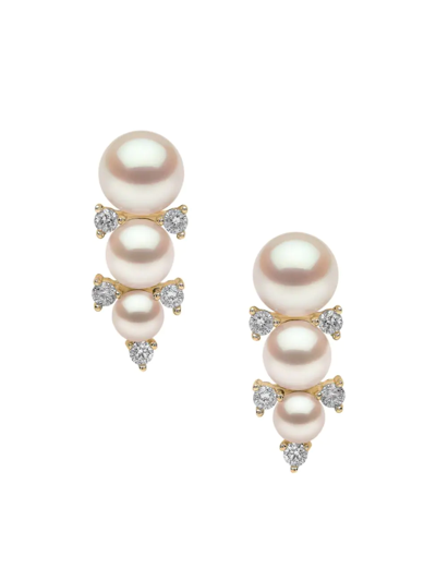 Shop Yoko London Women's Sleek 18k Yellow Gold, Diamond & 3-5.5mm Cultured Akoya Pearl Drop Earrings In White