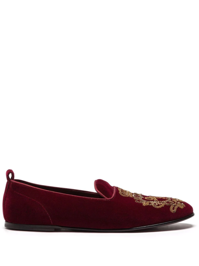 Shop Dolce & Gabbana Coat Of Arms Velvet Slippers In Rot