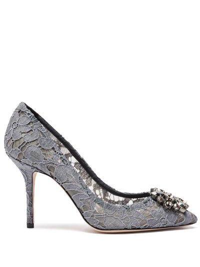 Shop Dolce & Gabbana Taormina-lace Crystal-embellished Pumps In Grey