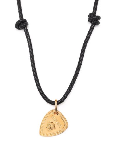 Shop Versace Braided Leather Plectrum-pendant Necklace In Black