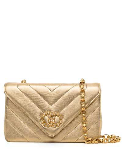 Pre-owned Chanel 1992 V-stitch Shoulder Bag In Gold