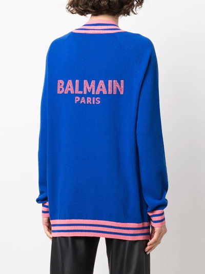 Shop Balmain Jacquard Logo Cardigan In Blue