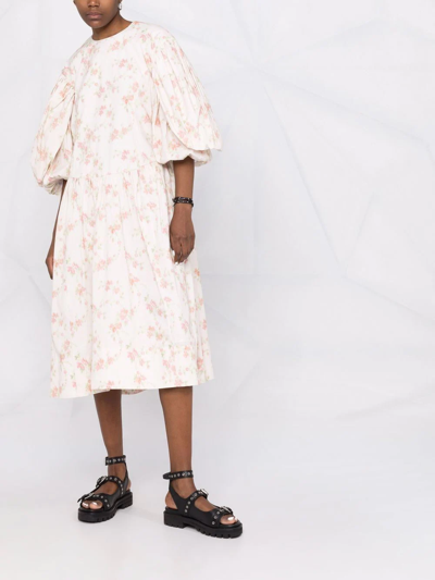 Shop Simone Rocha Floral-print Puff-sleeve Midi Dress In Neutrals