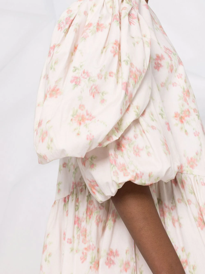Simone Rocha Floral-print Puff-sleeve Midi Dress In Neutrals