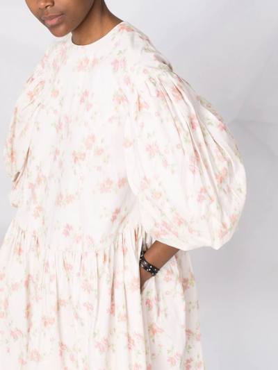 Simone Rocha Floral-print Puff-sleeve Midi Dress In Neutrals