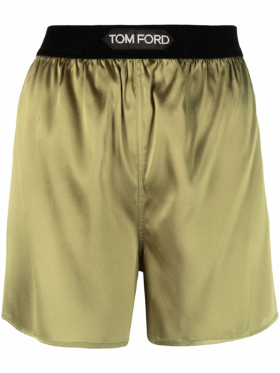 Shop Tom Ford High-waist Logo Silk Shorts In Green