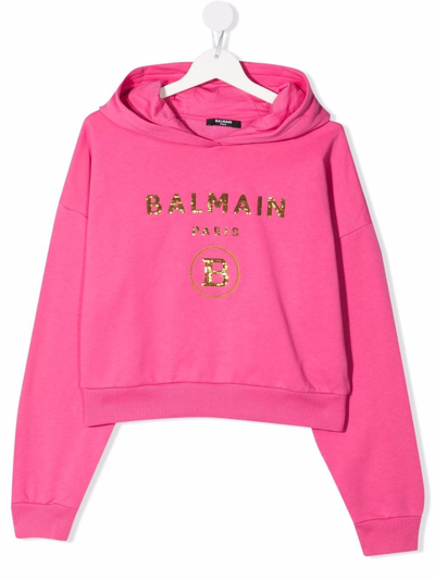 Shop Balmain Teen Logo-print Metallic Hoodie In Pink
