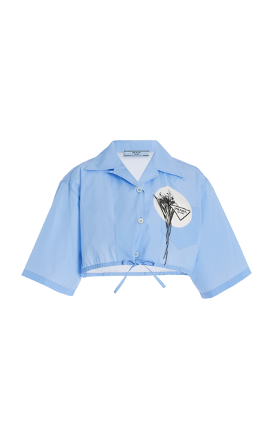 Shop Prada Oversized Printed Cotton Poplin Cropped Shirt In Blue