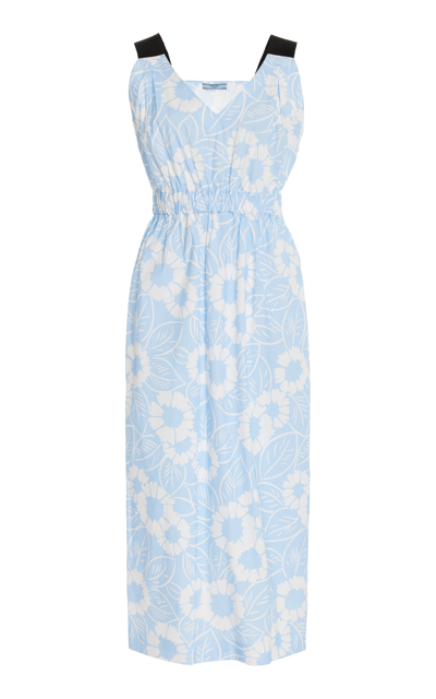 Shop Prada Women's Floral Cotton Poplin Midi Dress In Light Blue