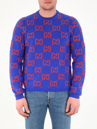 Shop Gucci Gg Knit Jumper In Blue