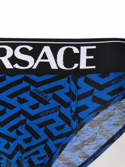 Shop Versace La Greca Logo-waistband Briefs In Blue