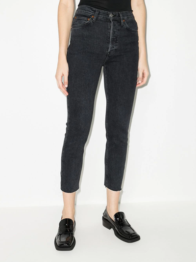 Re/done 90s High-rise Ankle Crop Distressed Skinny Jeans In Black