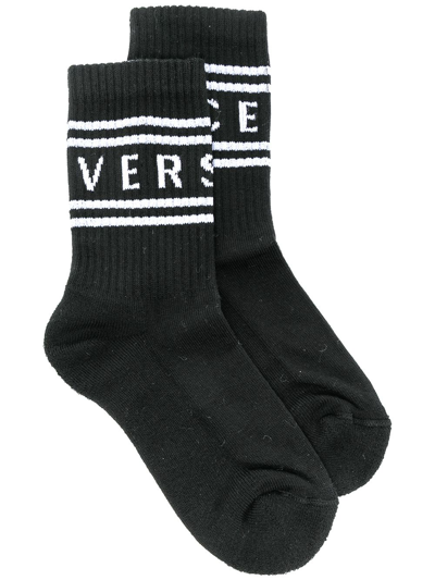 Shop Versace Logo-print Ribbed Socks In Black
