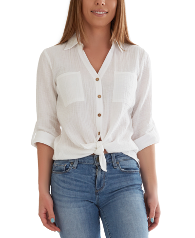 Shop Bcx Juniors' Cotton Button-down Shirt In Off White