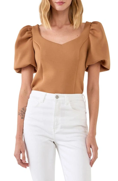 English Factory Scuba Puff Sleeve Top In Tan