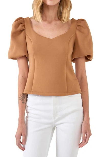English Factory Scuba Puff Sleeve Top In Tan