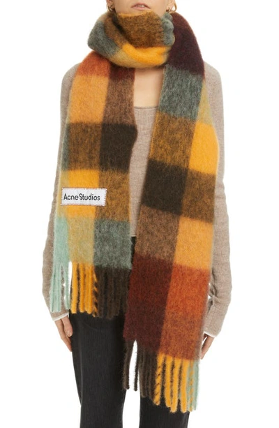 Shop Acne Studios Vally Plaid Alpaca, Wool & Mohair Blend Scarf In Chestnut Brown/ Yellow/ Green