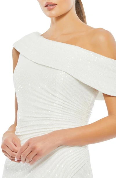 Shop Mac Duggal Metallic One-shoulder Evening Gown In White