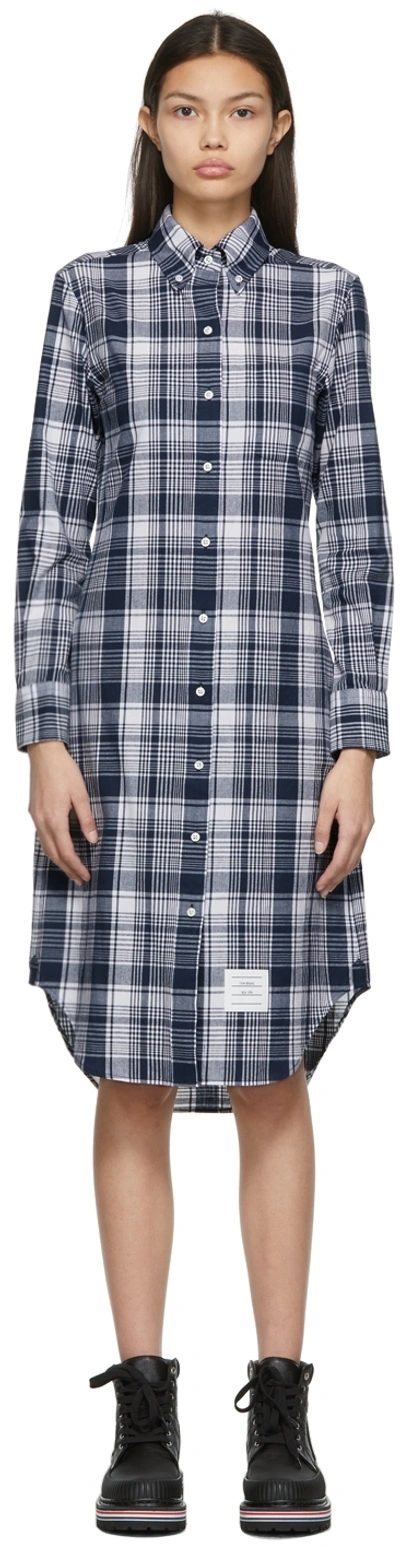 Shop Thom Browne Navy & White Hairline Madras Check Knee-length Point Collar Shirt Dress In Navy 415