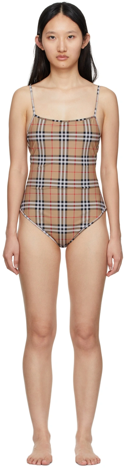 Shop Burberry Beige Check Delia One-piece Swimsuit In Archive Beige Ip Chk