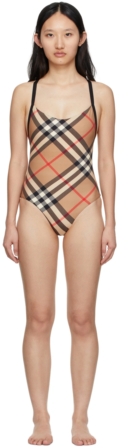 Shop Burberry Beige Vintage Check One-piece Swimsuit In Archive Beige Ip Chk