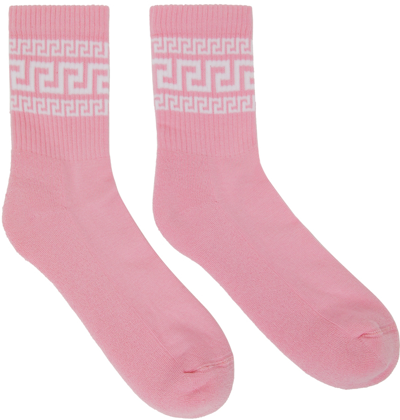 Shop Versace Pink Greca Athletic Socks In Pink+white