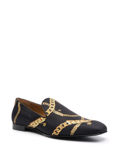Shop Versace Greca-chain Leather Loafers In Schwarz