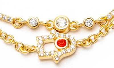 Shop Rivka Friedman 18k Yellow Gold Clad Crystal & Cz Hamsa Layered Bracelet In 18k Gold Clad/ Rubelite