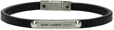 Shop Saint Laurent Black Leather Id Plaque Bracelet In 1000 Black