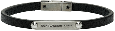 Saint Laurent Black Leather Id Plaque Bracelet In 1000 Black
