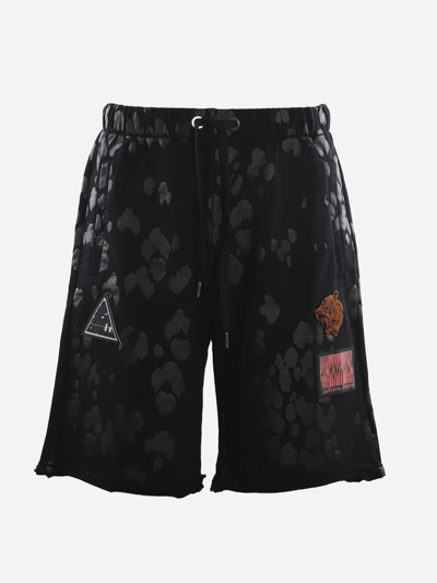 Shop Just Cavalli Cotton Shorts With Logo Patch And All-over Contrasting Print In Black