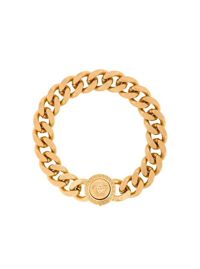 Shop Versace Mans Golden Metal Chain Bracelet With Logo In Metallic