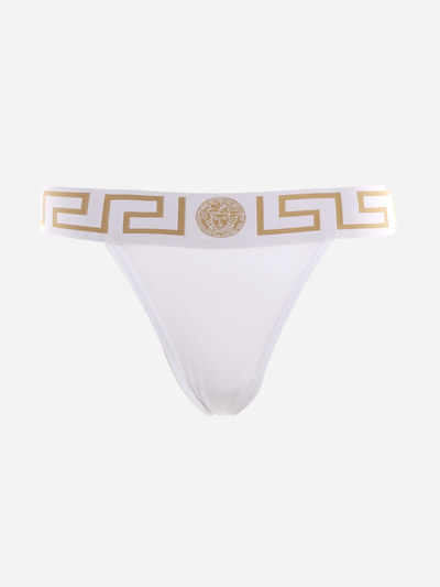 Shop Versace Thong With Greek Print Detail In White