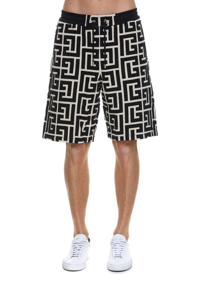 Shop Balmain Maxi Monogram Drawstring Bermuda Shorts In Multi
